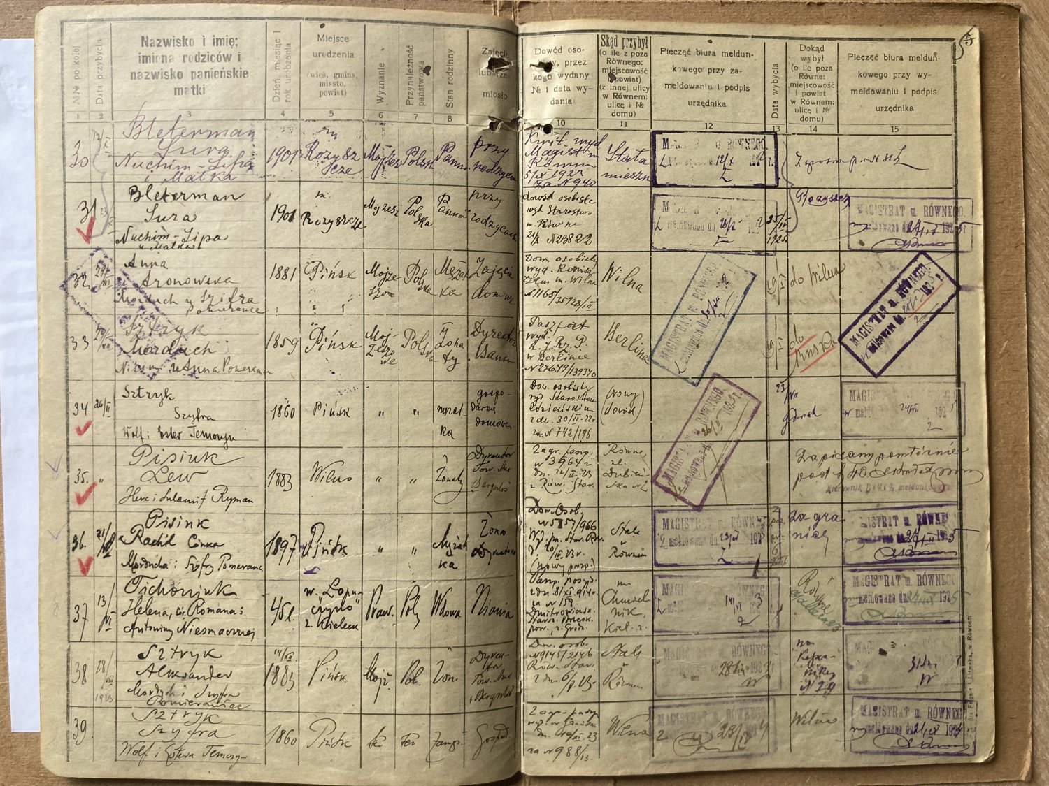 Residents' register with handwritten family names, Równe